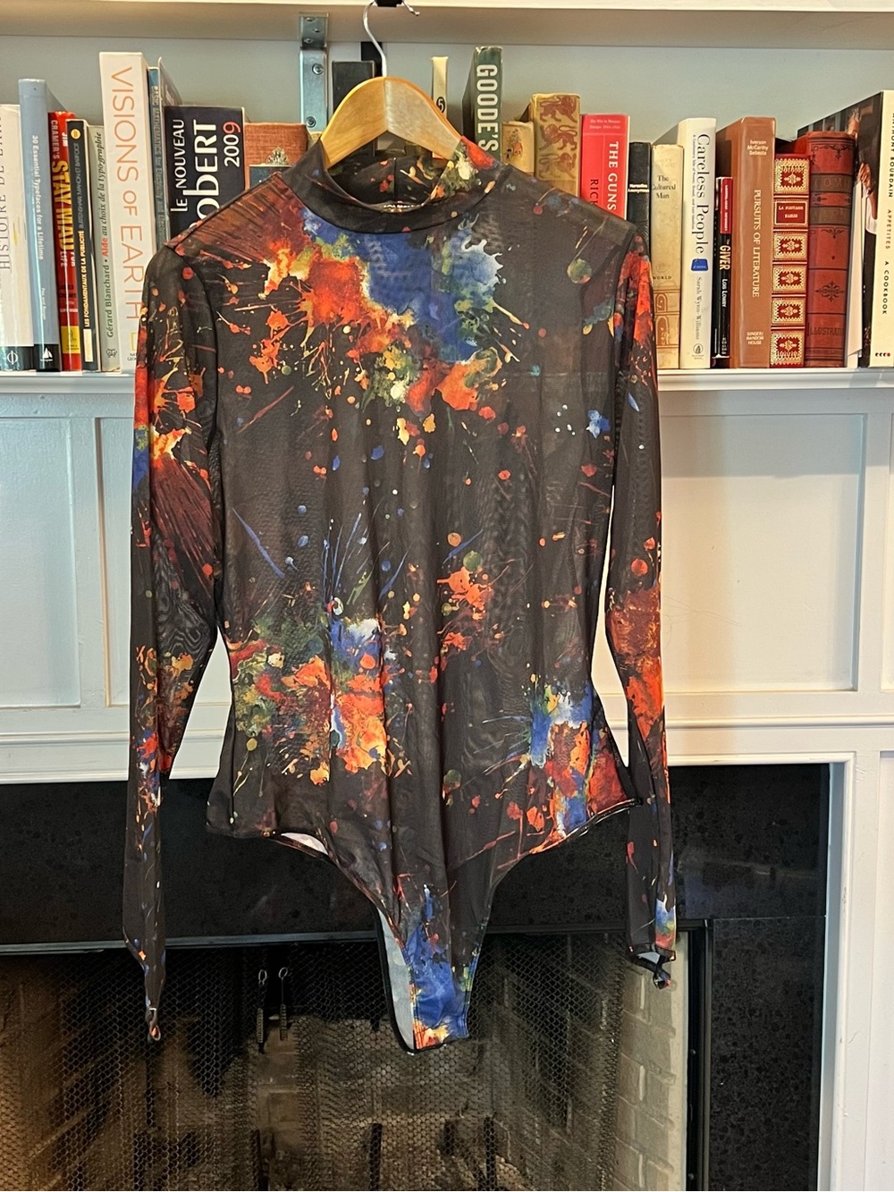 Fashion Nova Abstract Paint-Splash Long Sleeve Bodysuit - Black/Multi